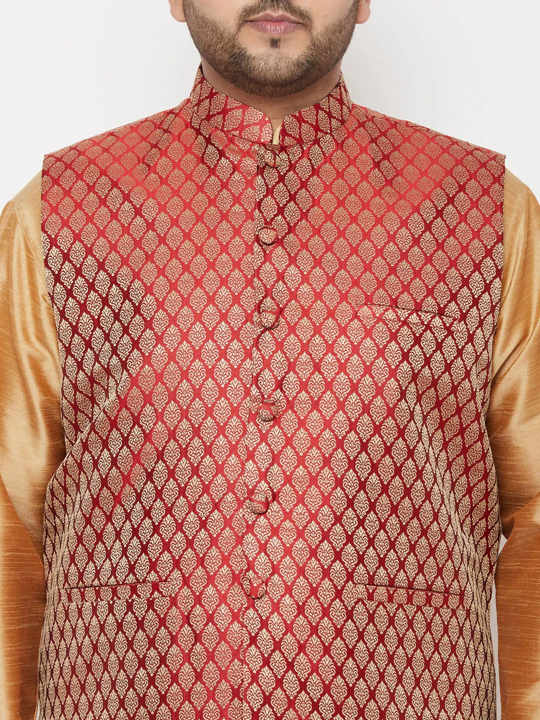 VASTRAMAY PLUS Men's Maroon Nehru Jacket With Rose Gold Kurta And Maroon Dhoti Set