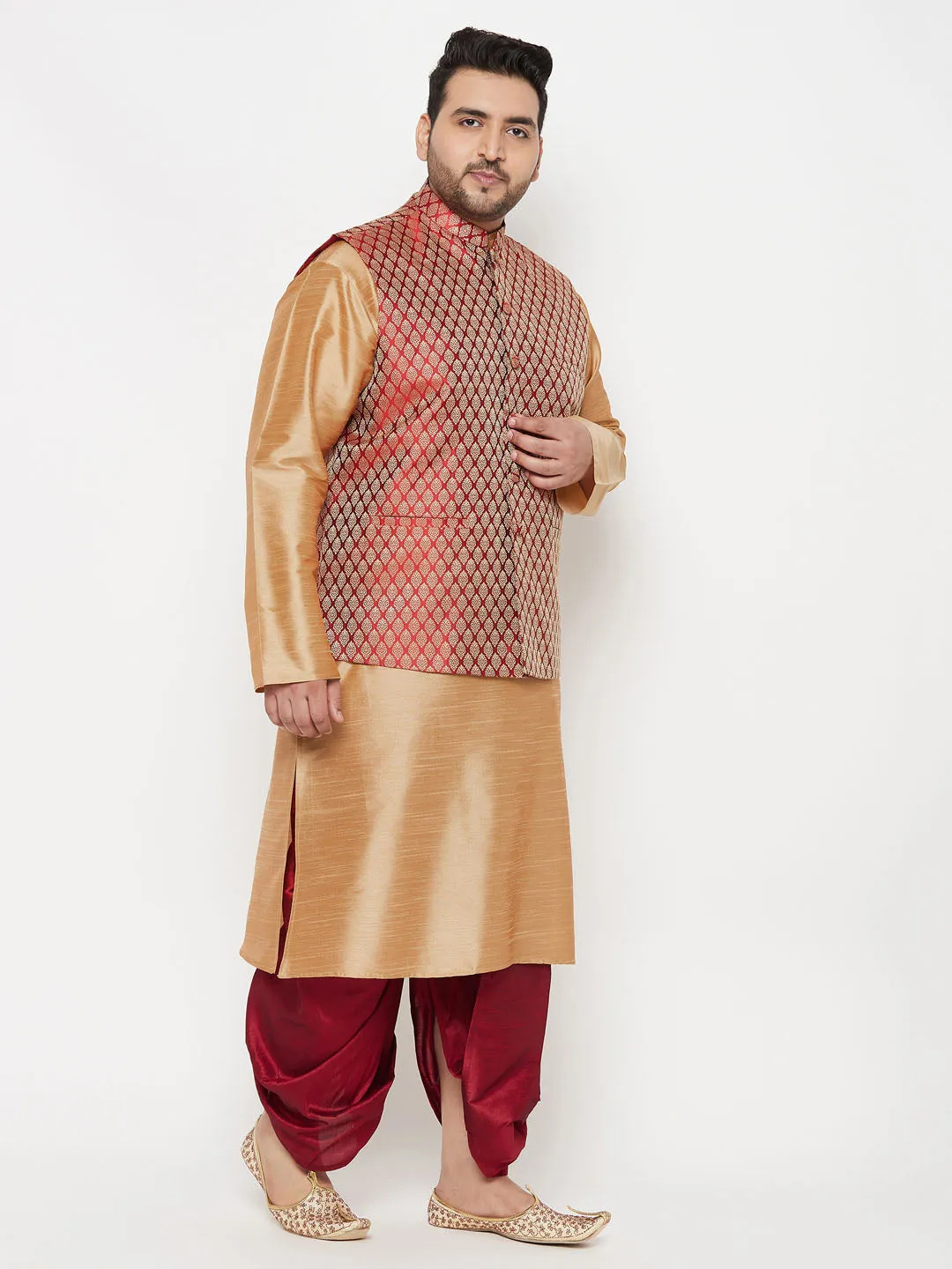 VASTRAMAY PLUS Men's Maroon Nehru Jacket With Rose Gold Kurta And Maroon Dhoti Set