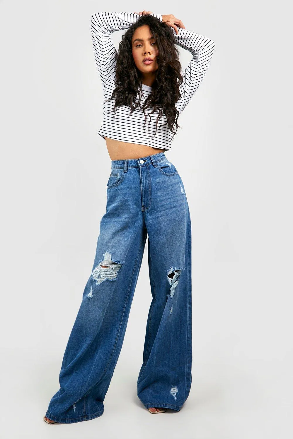 Vintage Wash Wide Leg Distressed Jeans