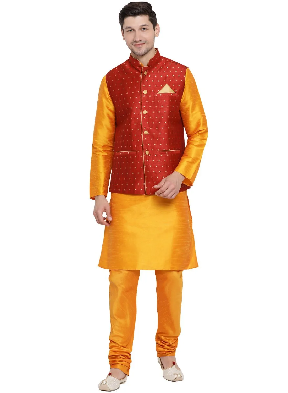 VM By VASTRAMAY Men's Maroon Zari Weaved Jacket With Kurta Pyjama Set