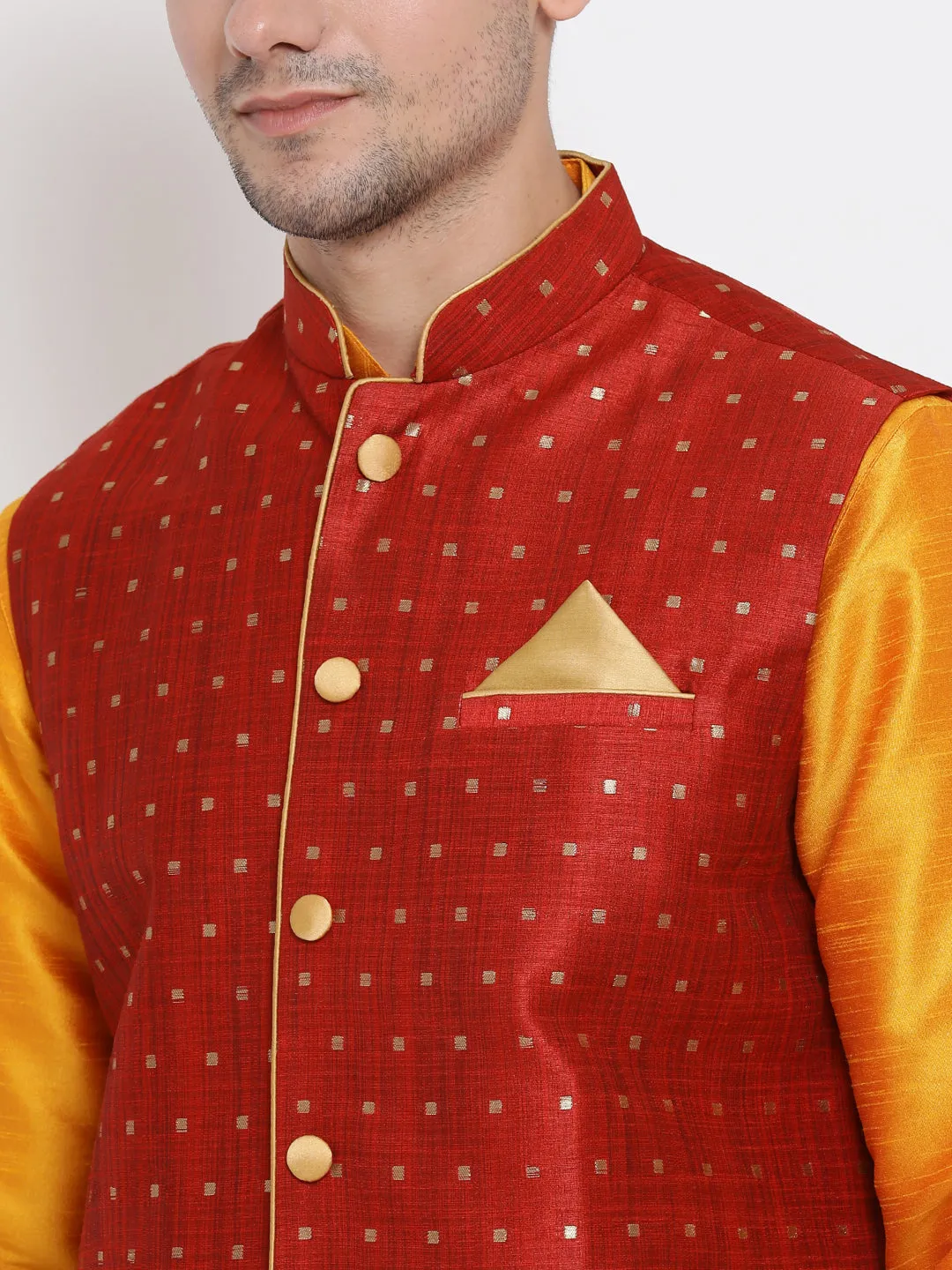 VM By VASTRAMAY Men's Maroon Zari Weaved Jacket With Kurta Pyjama Set