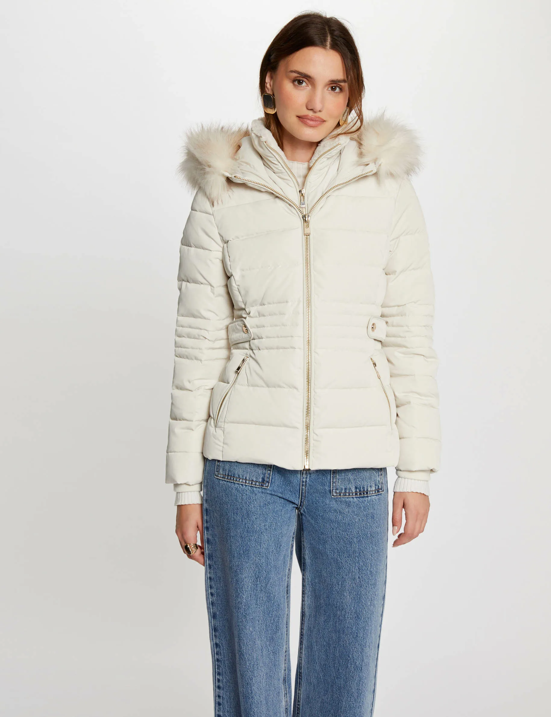 Waisted padded jacket hood ivory women