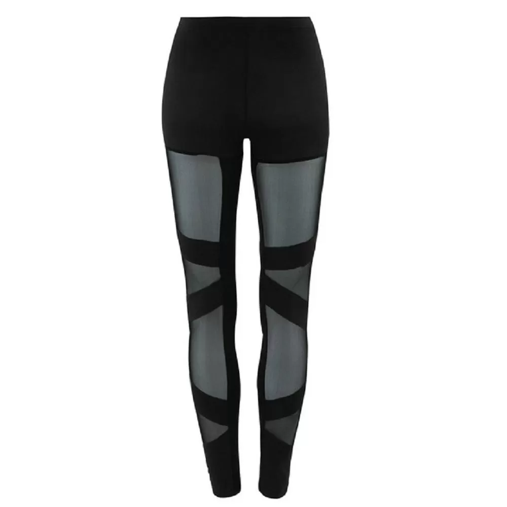 Women Running Workout High Waist Elastic Solid Black Mesh Leggings