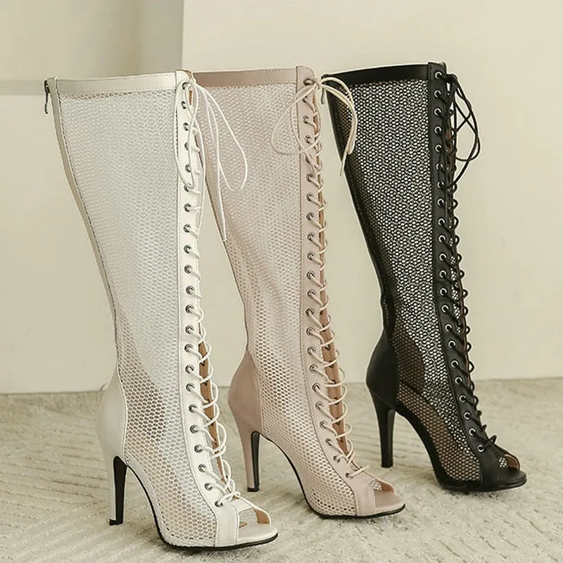 Women's Fashion Air Mesh Open-Toe Sexy Thin Heel Summer Boots