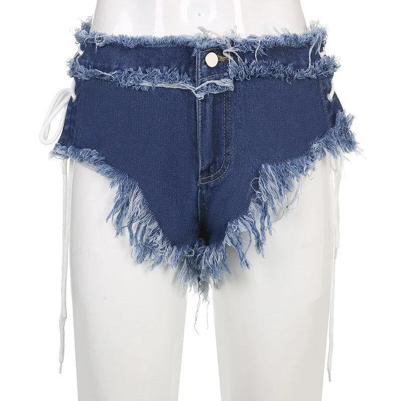 Women's Sexy Denim Low Waist Hollow Out Bandage Polo Dance Shorts