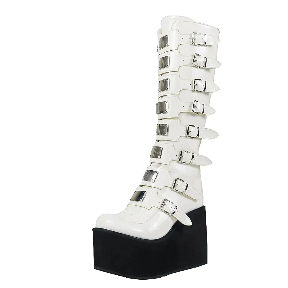 Women's Thick Bottom Round Toe Buckle Zipper Mid-Calf Platform Boots