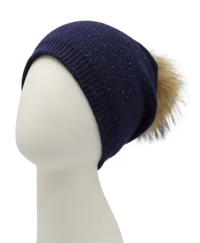 Wool Knit & Crystal Slouch Hat w/ Fur Pom