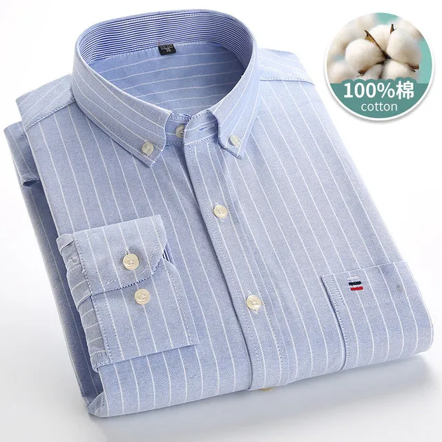 Xituodai Mens Striped Shirts 100% Cotton Oxford Long Sleeve Plaid Solid Color Casual Shirts for Business Men Daily Use Camisas H