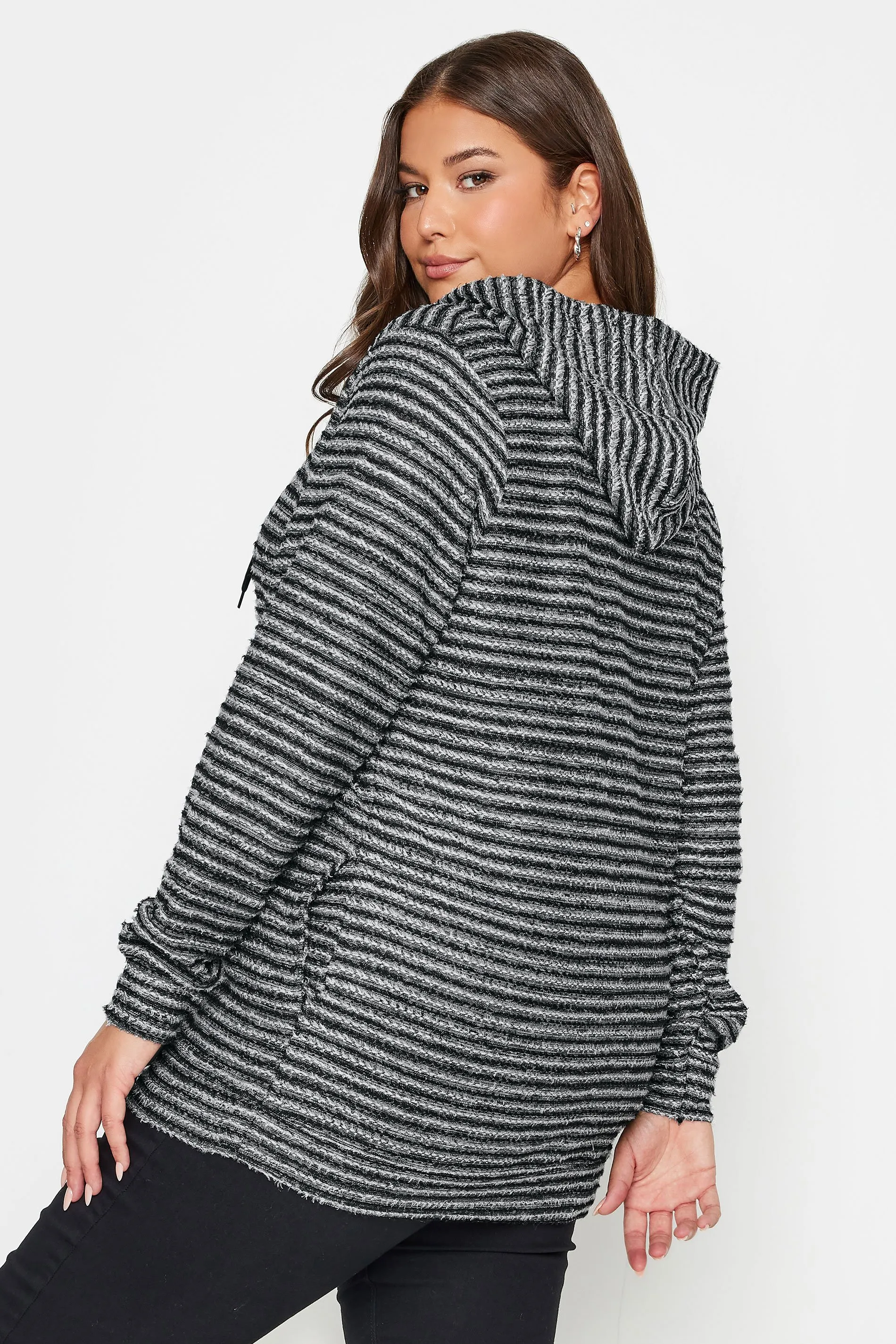 YOURS Curve Black & White Textured Knit Zip Up Hoodie