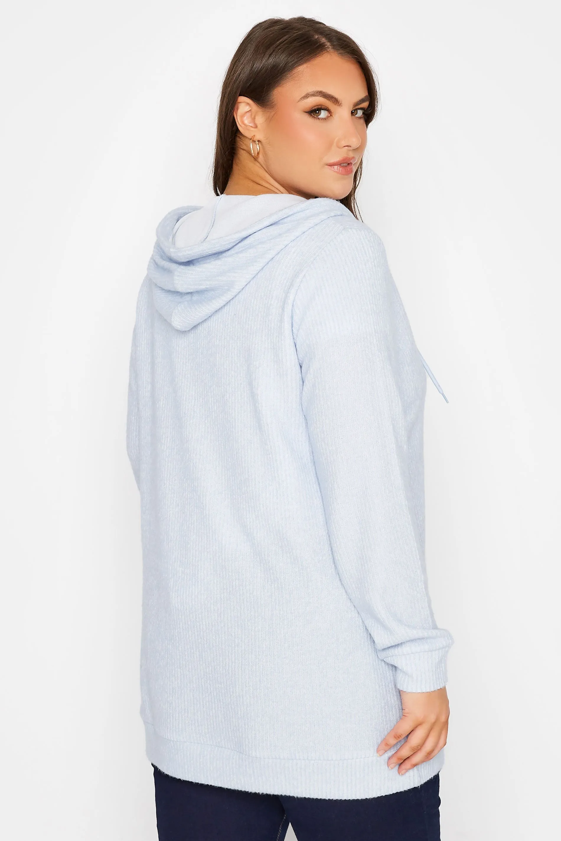 YOURS Curve Blue Soft Touch Ribbed Zip Through Hoodie