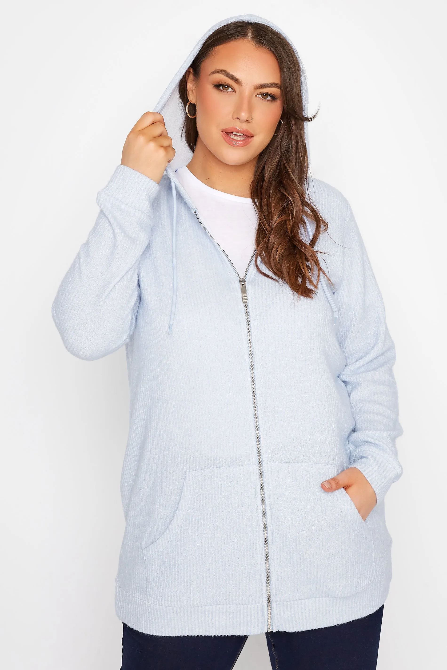 YOURS Curve Blue Soft Touch Ribbed Zip Through Hoodie