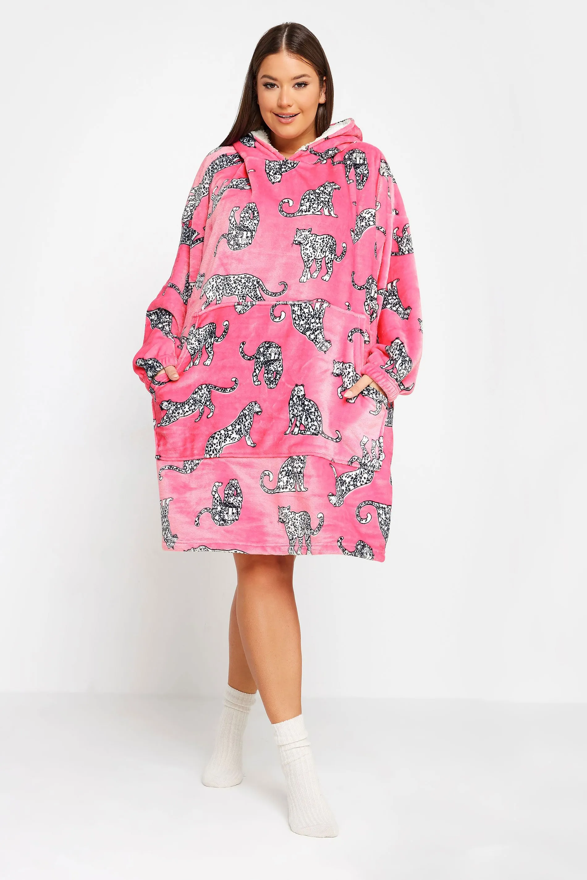 YOURS Curve Pink Soft Touch Animal Print Snuggle Hoodie