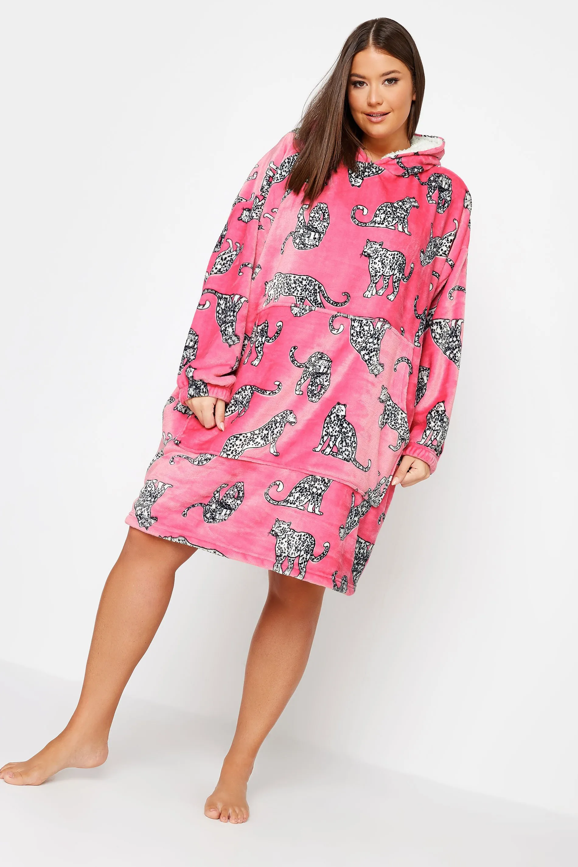 YOURS Curve Pink Soft Touch Animal Print Snuggle Hoodie