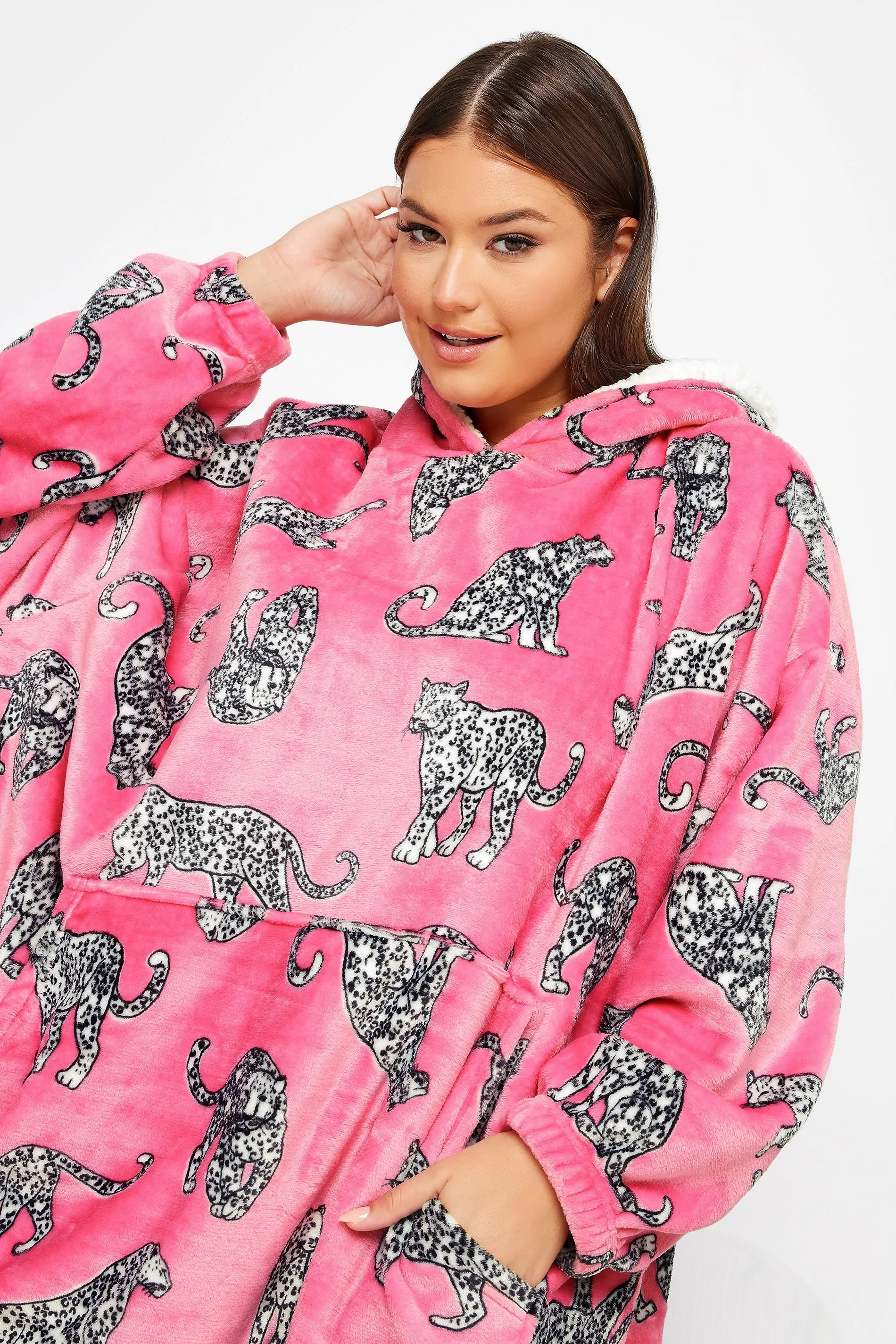 YOURS Curve Pink Soft Touch Animal Print Snuggle Hoodie